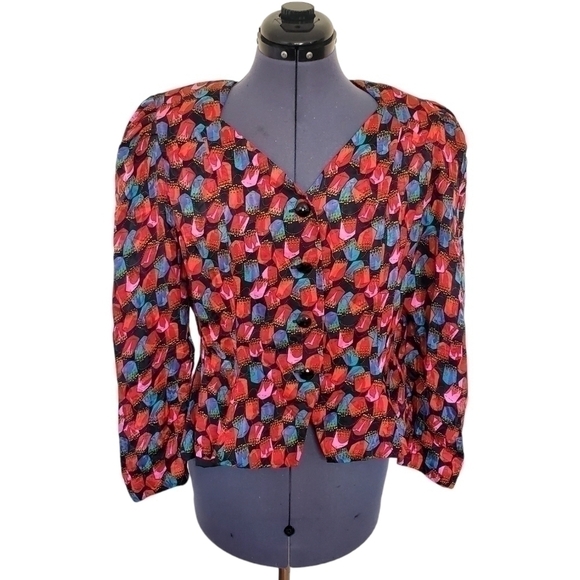 80s Vintage Silk Studio Printed Petite Blazer Mulit-color Size 12 100% Silk - Picture 2 of 6